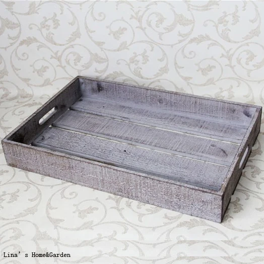 

Handmade Rectangle Distressed Gray Fir Wood Vintage Tray with Cutout Handles