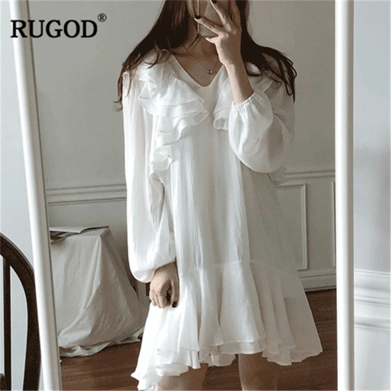 

RUGOD 2019 White ruffled women dress sweet lantern sleeves v neck pleated lolita korean style spring fashion girl vestido