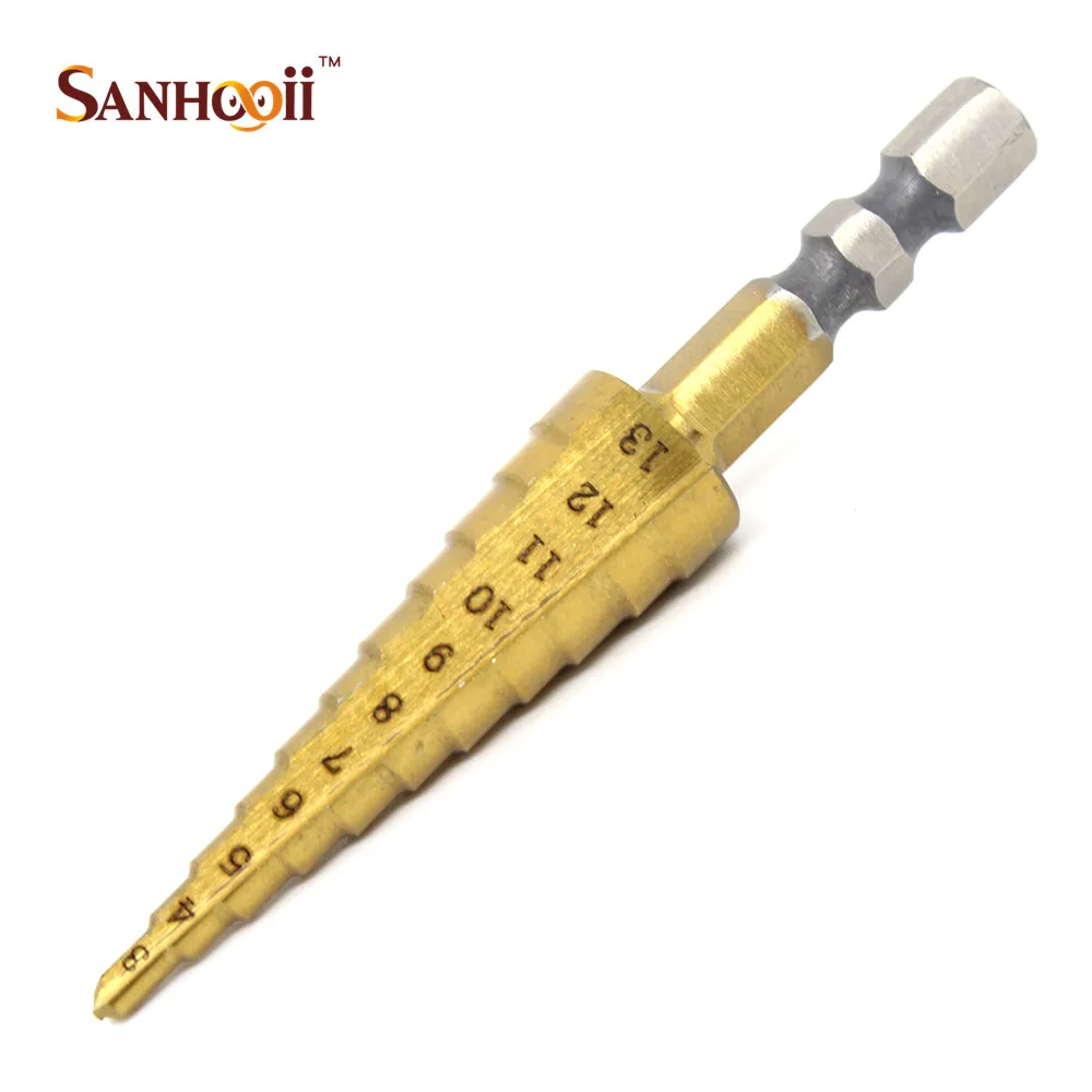 

SANHOOII 1/4 inch Hex Shank Step Cone Drill Bit 3~13mm HSS 4241 & Titanium Drilling Tools For Electric Drill