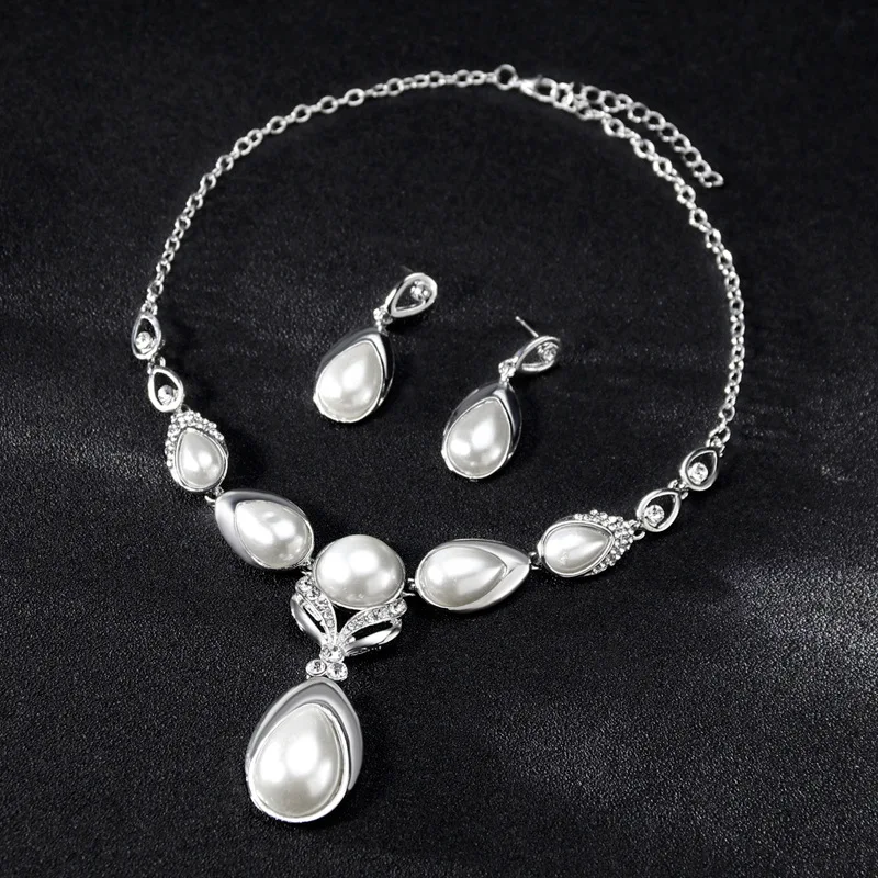 

Dubai Jewelry Sets Luxurious Necklace Set Earrings Pearl Crystal Wedding Jewellery Set for Women