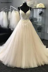 Vestido De Noiva винтажные Свадебные платья 2019 кружево с аппликацией и бисером жемчуг спагетти бретели для нижнего белья Sheer молния сзади халат де