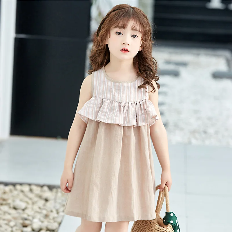 

Sweet Cotton Ruffle Princess Dress Girls Summer Fashion Trend O-neck Sleeveless Mini Striped Pattern Dress Big Girls Party Dress