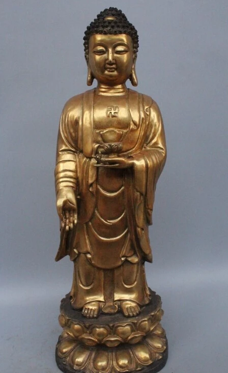 

free 20"Chinese Buddhism Bronze Gild Stand Shakyamuni Sakyamuni Buddha Statue fast