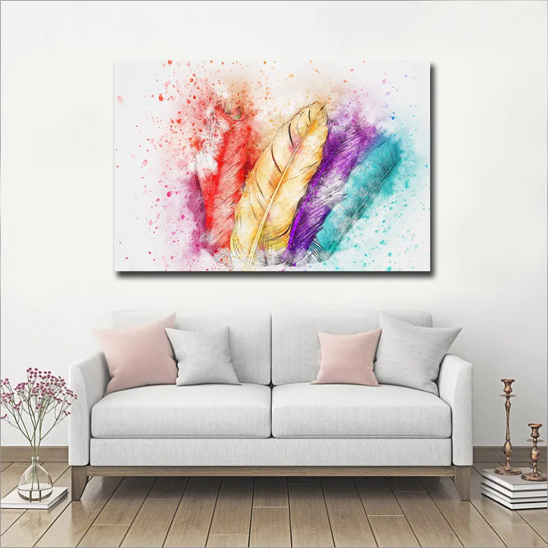GOODECOR Wall Art Picture Canvas Prints Colorful Feather Painting Big Size One Piece Pictures Art For Home Decor No Frame