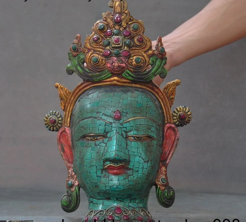 

Tibet bronze Gilt inlay turquoise gem tara Kwan-Yin GuanYin Buddha head statue