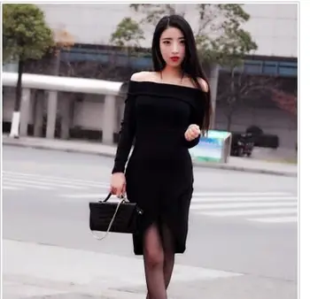 

Sexy Women Dress Long Sleeve Slash Neck Coss Hem Solid Bandage Dress