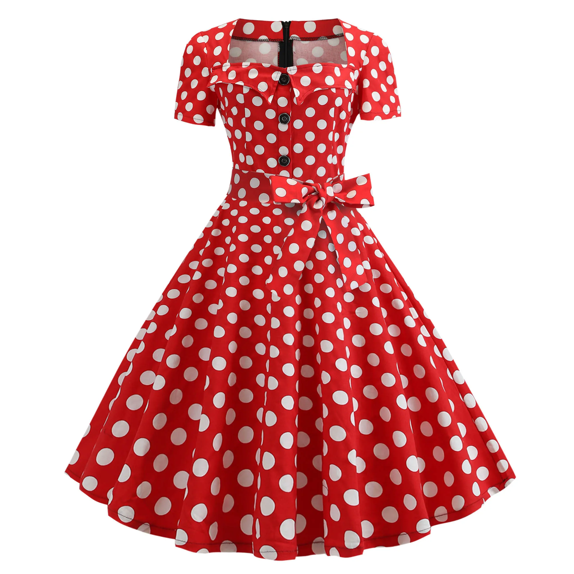 

Red Dress White Polka Dots Black Dress Solid Square Neck Tie Waist Vintage Dresses 50s 60s Short Sleeves Navy Red Black