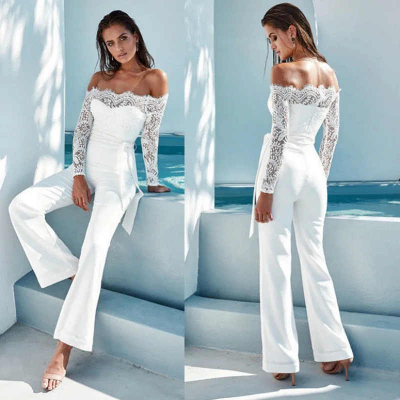 Summer New White Bodycon Lace Trim Jumpsuits Women Sexy Off Shoulder ...