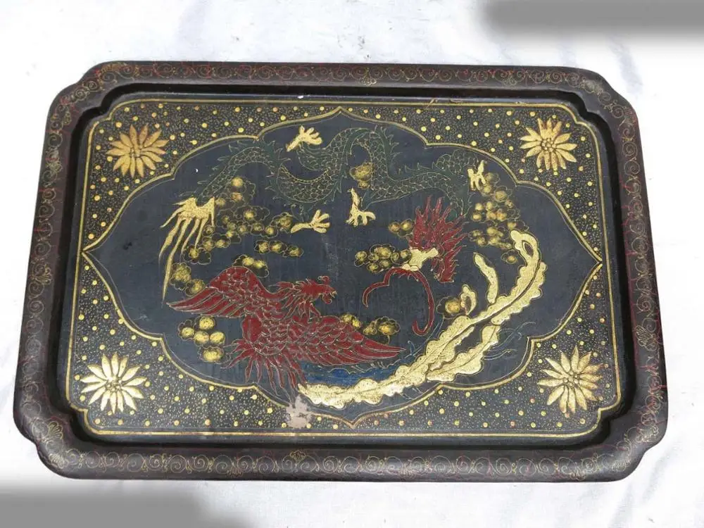 

China old wood handmade lacquer dragon phoenix fruit bowl plate sculpture Statue