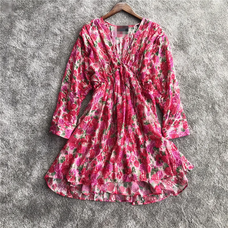 

Women Dress Printed Gold Cut Flower Vintage V-Neck Lace Short Silk Dress