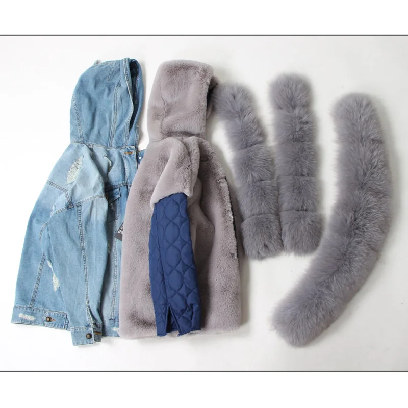 Maomaokong, джинсовая куртка с натуральным кроличьим мехом, пальто из лисьего меха, модное джинсовое пальто из лисьего меха, теплая женская зимняя куртка, Женская парка