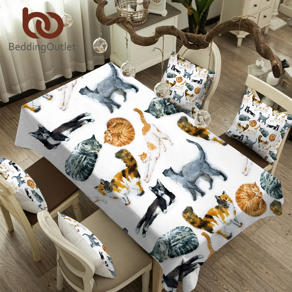 BeddingOutlet Cute Cats Tablecloth Cartoon Animal Waterproof Table Cloth Watercolor Pet Print