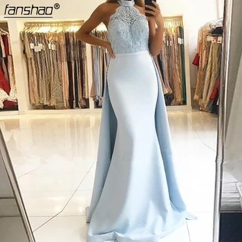 

Sky Blue Muslim Evening Dresses Elegant Mermaid Halter Satin Lace Beaded Islamic Dubai Saudi Arabic Long Evening Gown Prom Dress