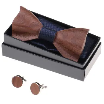 

1Set Vintage Handmade Black Walnut Wooden Tie Pocket Square Cufflink Wood Bow Tie Wedding Party Tie Cufflink For Men