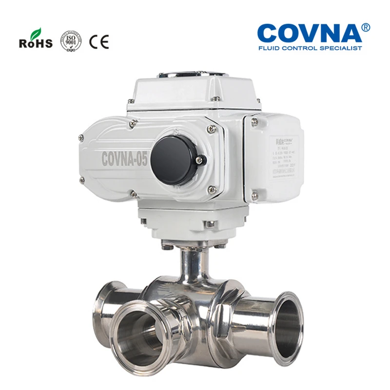 COVNA 2-1/2 inch Sanitary 3 Ways Motorized Tri Clamp Ball Valve Modulating 4-20mA Stainless Steel 304 PTFE Sealing L Port T |