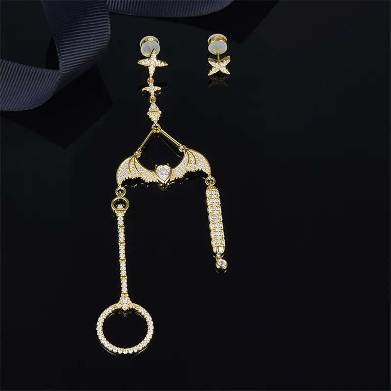

925 Sterling Silver Yellow Gold Color Bat and Lantern Asymmetry Earrings Cubic Zirconia Drop Earring Women Monaco Jewelry