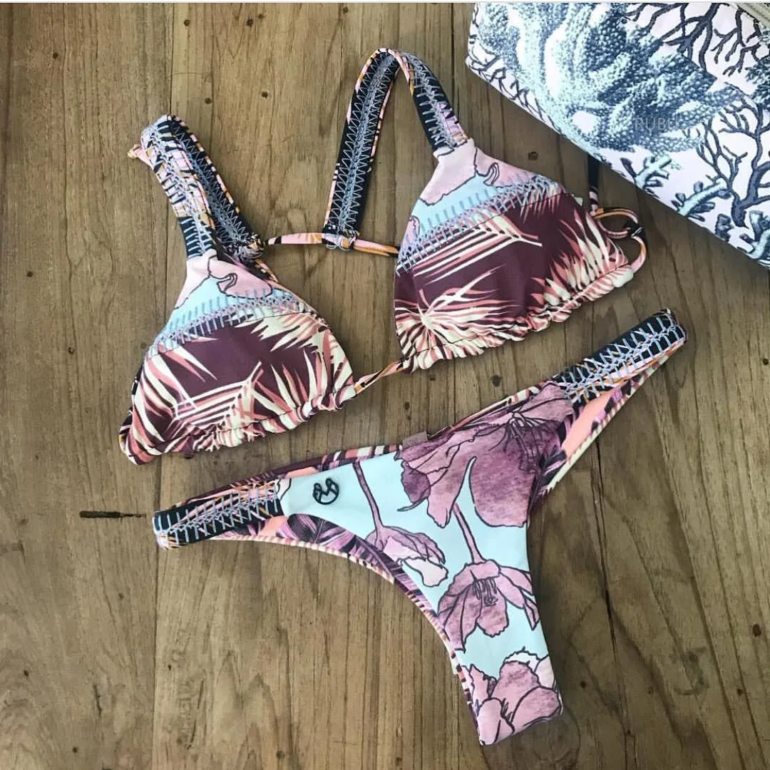 Бикини 2019 Maillot De Bain раздельный купальник разворачивающийся принт с листьями