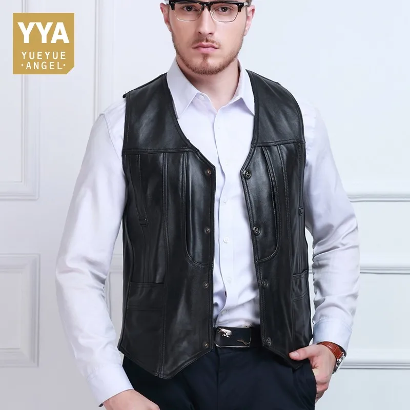 

Top Quality Mens Genuine Leather Sleeveless Jacket Male Multi Pockets Pescaria Vest Photograph Camera Waistcoat Plus Size M-5XL