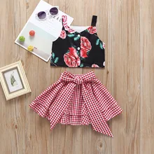 Модные комплекты одежды для маленьких девочек, летний комплект из 2 предметов, жилет без рукавов с цветочным принтом, топы, клетчатые юбки-пачки, комплект из 2 предметов