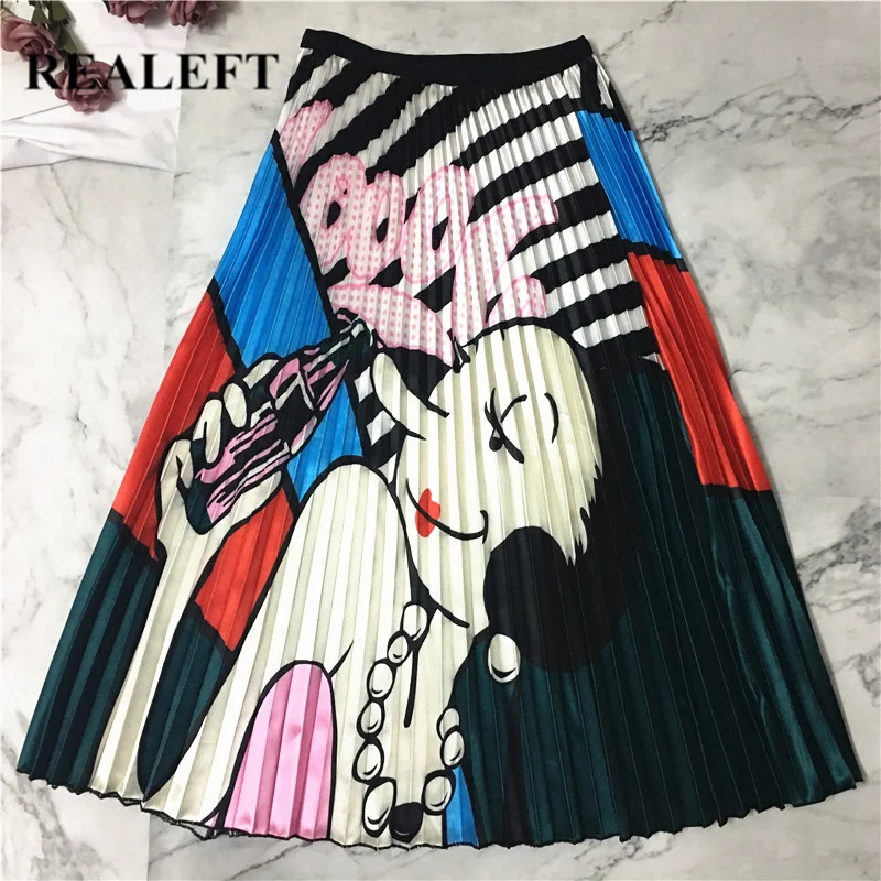 

REALEFT New Arrival Summer Women Cartoon Printed Elegant Pleated Long Skirts High Waist Harajuku Tulle A-Line Mid-Calf Skirts