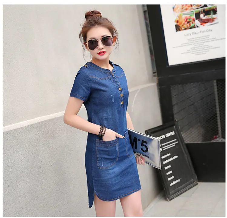 2018 New Arrival Summer Dress Women Denim Dresses Casual Short Sleeves Plus Size Rode Femme Ete V-neck Denim Dress Vestidos Mujer (4)