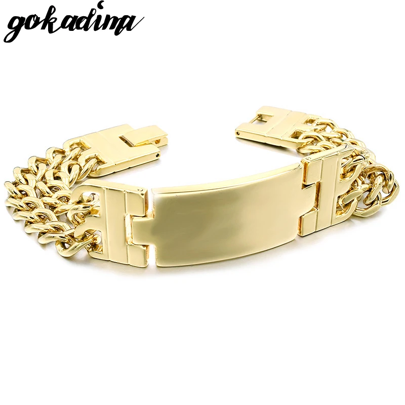 Gokadima мужские браслеты из нержавеющей стали с двойной цепочкой ID ювелирные изделия, Рок Байкер, подарочные браслеты, WB107