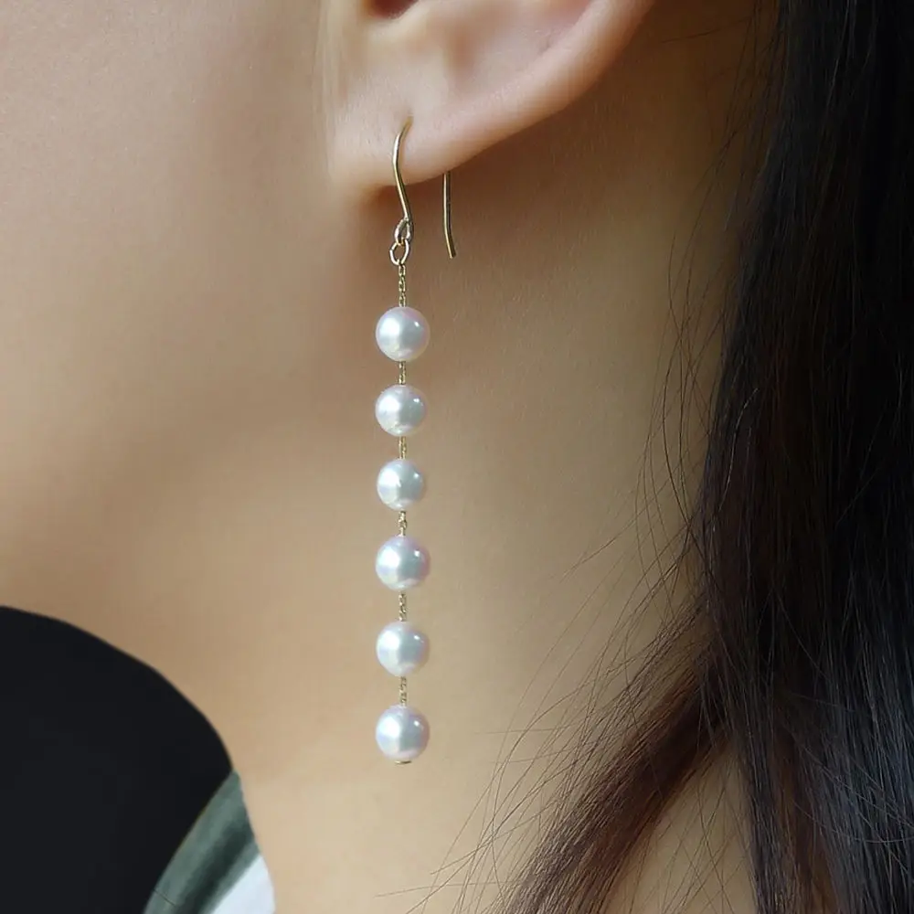 

Classic 5.5-7.5MM AAA White Real Akoya Pearl Long Drop Earrings 14K Yellow Gold
