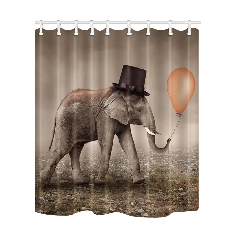 

High Quality Elephant Printing Shower Curtain 3D Polyester Fabric Waterproof Mildewproof Washable Bathroom Curtain with 12 Hooks