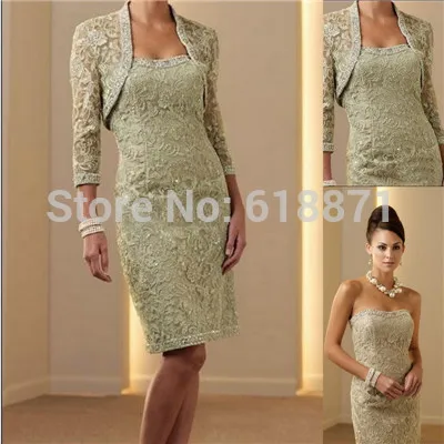 Long Sleeve Lace Mother of the Bride Gown with Jacket Beaded Knee Length Sheath Evening Party Dresses Fashion Designs 2014 | Свадьбы и