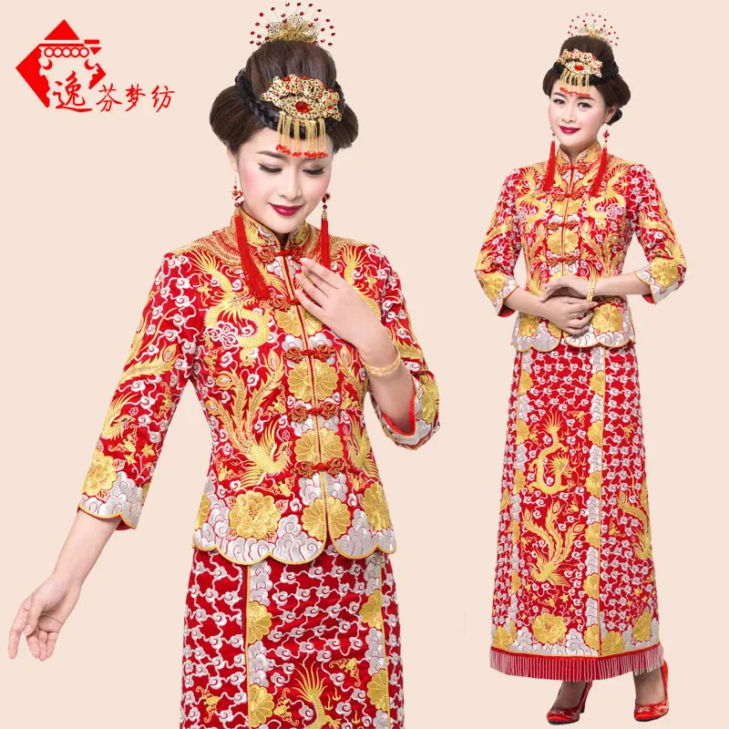 Новый 2017 КИТАЙСКИЙ Дворец бракосочетаний одежда Longfeng юбка cheongsam красный вышивка китайский невесты торжественное платье Сю он фу