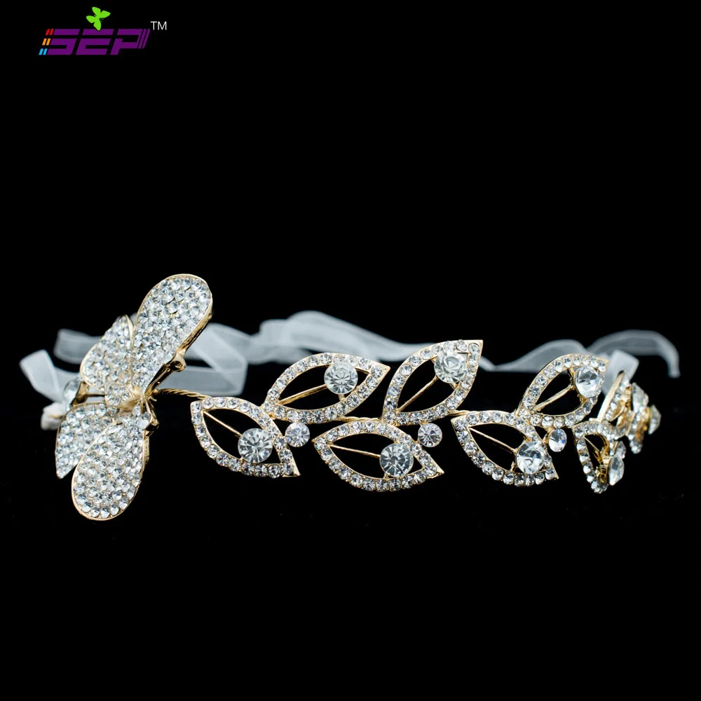 

Orchid Flower Headband Chain Ribbon Rhinestone Crystals Hair Jewelry Accessories Bridal Wedding Headpiece GX013