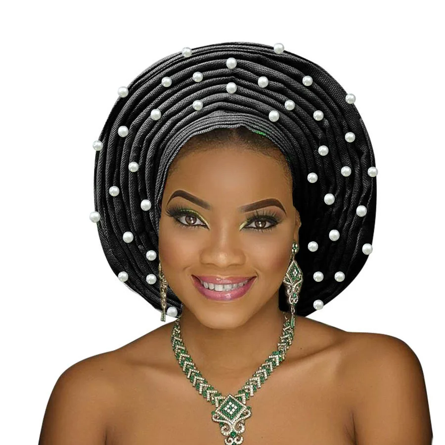 Aso oke головной убор с бисером aso oke нигерийский головной убор Африканский Авто геле aso ebi женский тюрбан красивый головной убор для свадьбы - Цвет: black