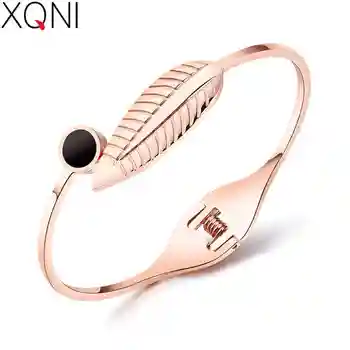 

XQNI Big Promotion Women Jewelry Stainless Steel Rose Gold Color Leaf Round Cake Open Women Simple Bangle New Year Present