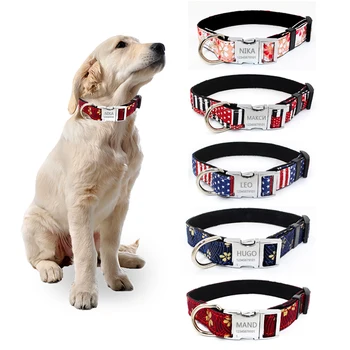 

Dog Collars Personalized ID Nylon Pet Custom Engraved Name Cat Leather Collar Necklace Adjustable For Small Medium Large