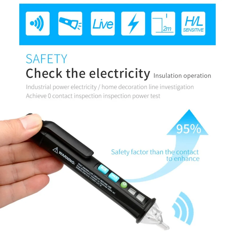 

MESTEK AC10 AC Voltage Tester Pen Non-Contact Volt Detector Stick Adjustable Range Soundlight Alert 12V~1000V with Flashlight