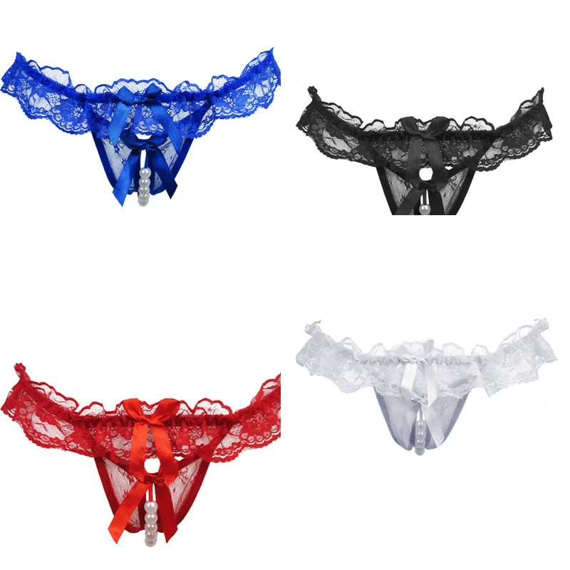 

Womens Exotic Underwear Lace Open Crotch Thong Mesh Pearl Massage Temptation Lingerie Intimates G-string Underpants Sexy Panties