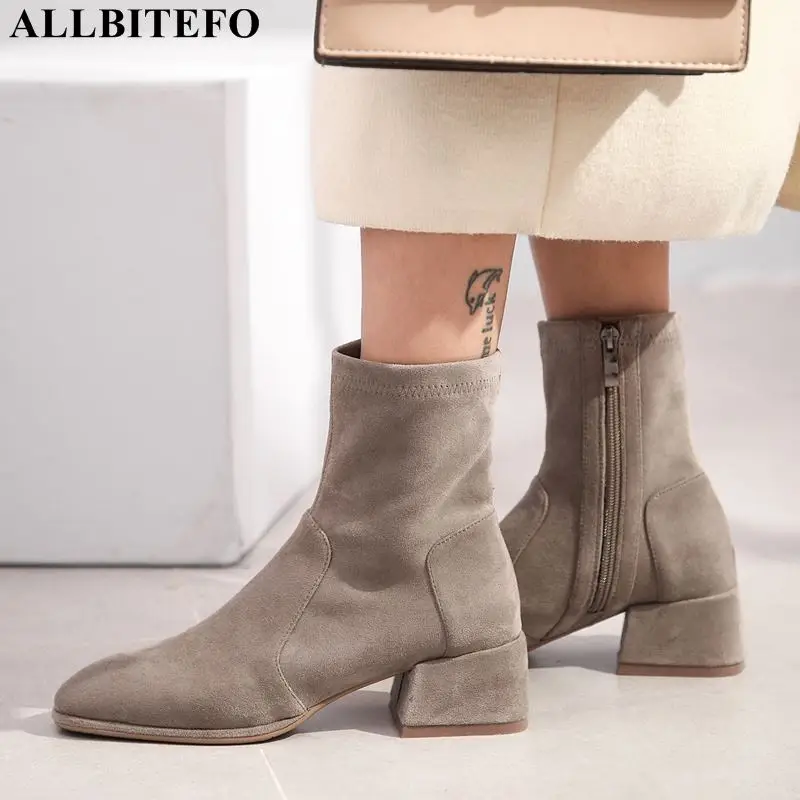 

ALLBITEFO new winter genuine leather thick heel women boots high quality ankle boots for women snow martin boots girls shoes