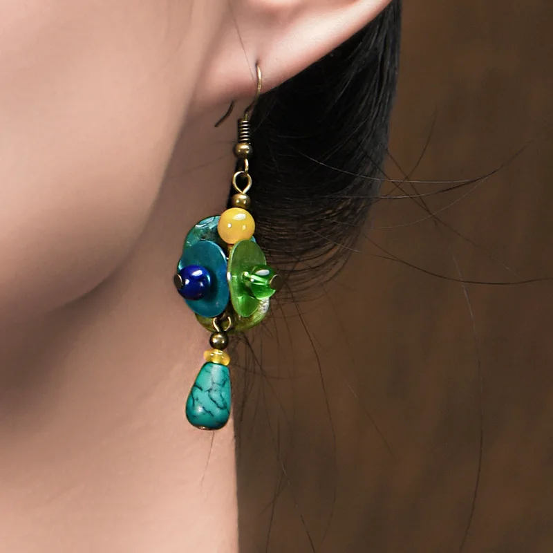 

Colored shell New Original handmade blue nature stone dangle earrings green ,New Ethnic glazed earrings jewelry vintage earrings
