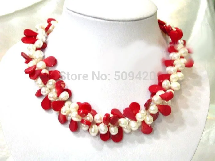 

FREE SHIPPING>>>@ hot Authentic crude 8mm white pearl and red coral Necklace 18" new