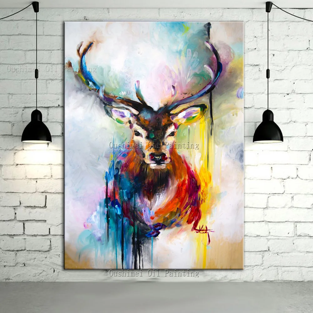 Color Pintado A mano Ciervos Animales Pintura Al Óleo