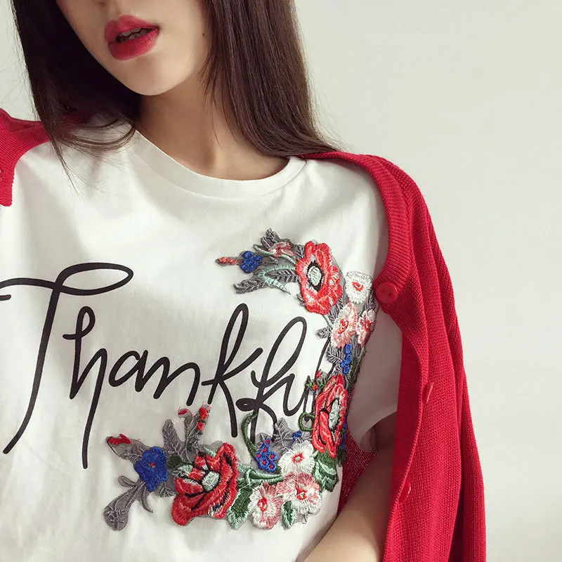 2017 New Arrival Embroidery Floral O Neck Cotton T-shirt Loose Causal Fashion Tops | Женская одежда