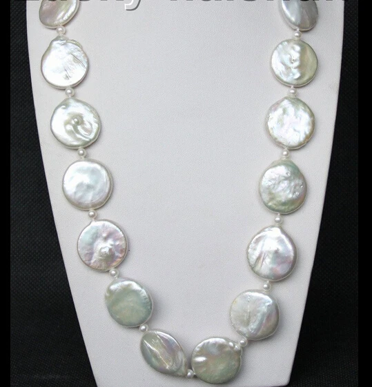 

FREE shipping> luster 21" 22mm coin wafer white pearls necklace Platinum Plated clasp j9366 6.07