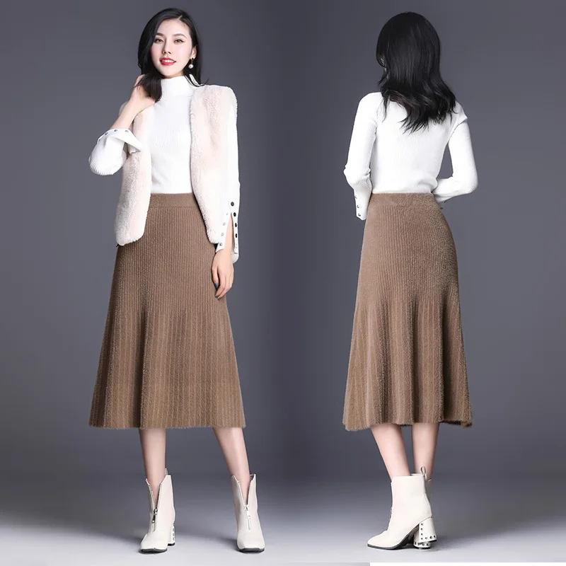 Hiver Tricot Noir Kaki Automne Femmes Jupes ligne A mollet Velours Mi Jupe Noir De Nouveau Femelle 2019 Côtelé Chaud En khaki Mode Fille wnpRqIgRx