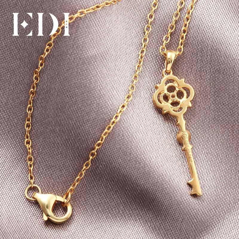 EDI Classic Clover Gold Diamond Key Pendant 9K Solid Rose Gold Real Natural Diamond Pendant Necklace Match 16' Silver Necklace