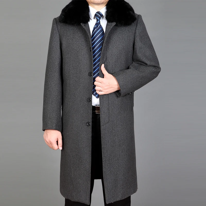 

2019 New Men Wool Overcoat Winter Wool Long Coat Real Rabbit Fur Thick Warm Winter Coats Fashion Coat Blend Mens Peacoat M-4XL