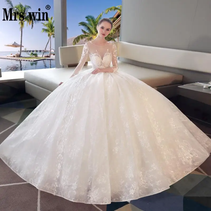 Vestido Де Novias 2018 люкс с белое кружевное бальное платье с длинным рукавом роскошь кружева вышивки сексуальное Иллюзия Свадебные платья