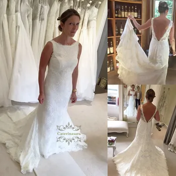 

Womens Mermaid Lace Wedding Dress Scoop Neckline Bride Gown for Girl with Trumpet Chapel Train Fit and Flare Skirt Deep V Back