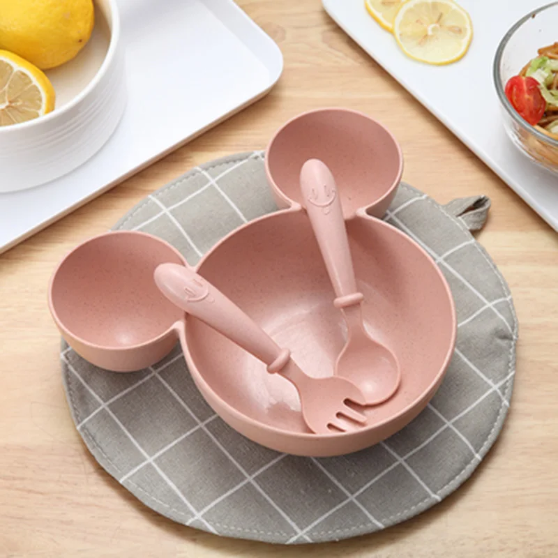 Mickey Pink 3 шт. детское питание посуда милый мультфильм BPA бесплатно Bowl блюда Дети Малыш пластина прочная пшеничной соломы посуда CL5327 - Цвет: Mickey Pink