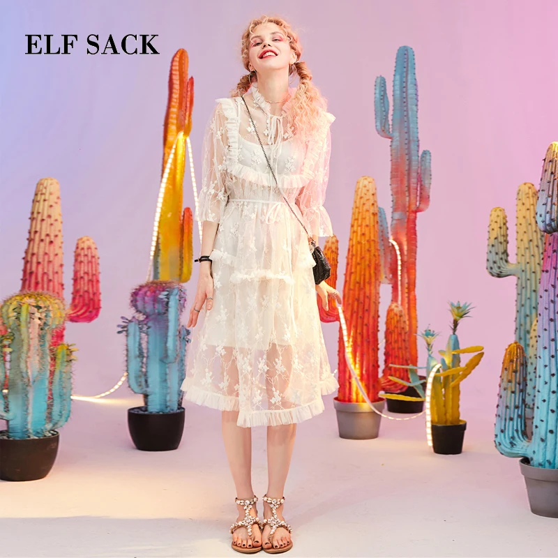 ELFSACK Summer New Bow Woman Dress Solid Lace Women Dresses Stylish Ruffles A-Line Ladies Dresses Sweet Girl's Clothing