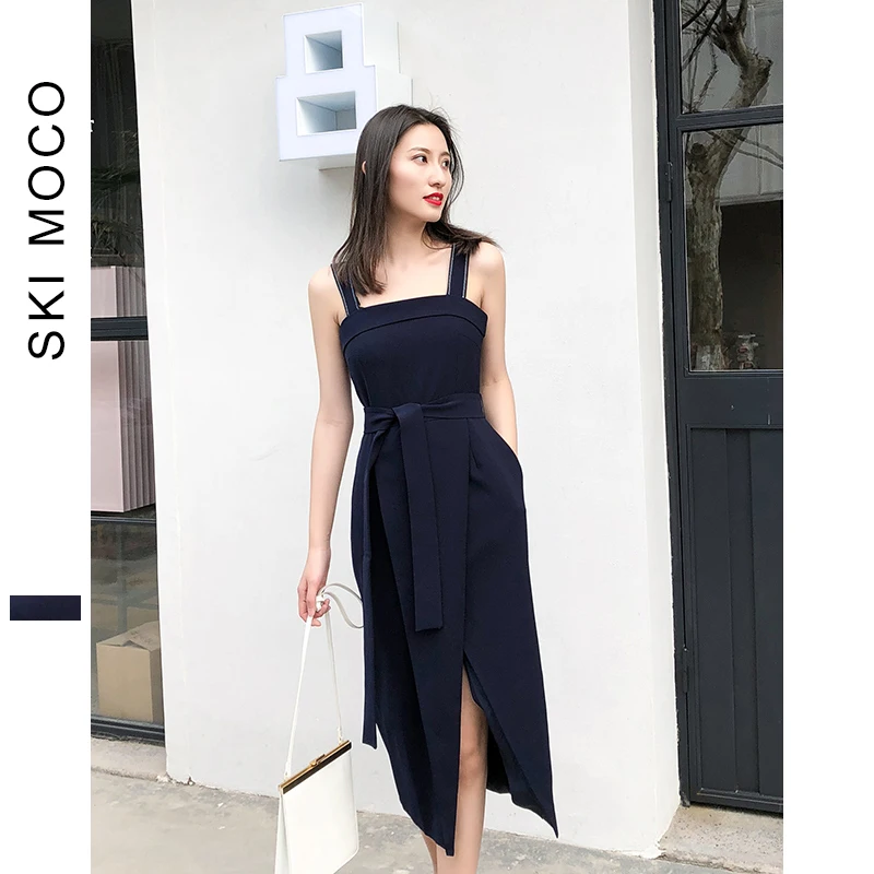 

2019 Summer Women New Arrivals Dress Elegant Vantage Sleeveless Slit Mid-Calf Belted Notched PocketsOffice Dresses